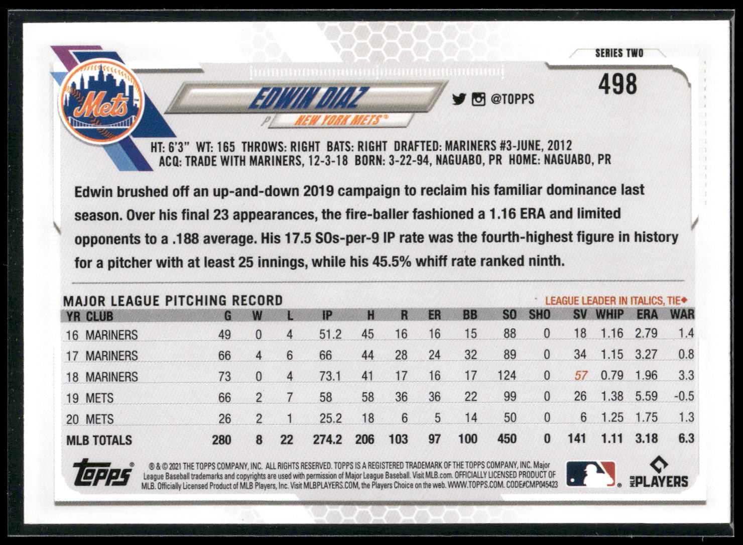 2021 Topps #498 Edwin Diaz