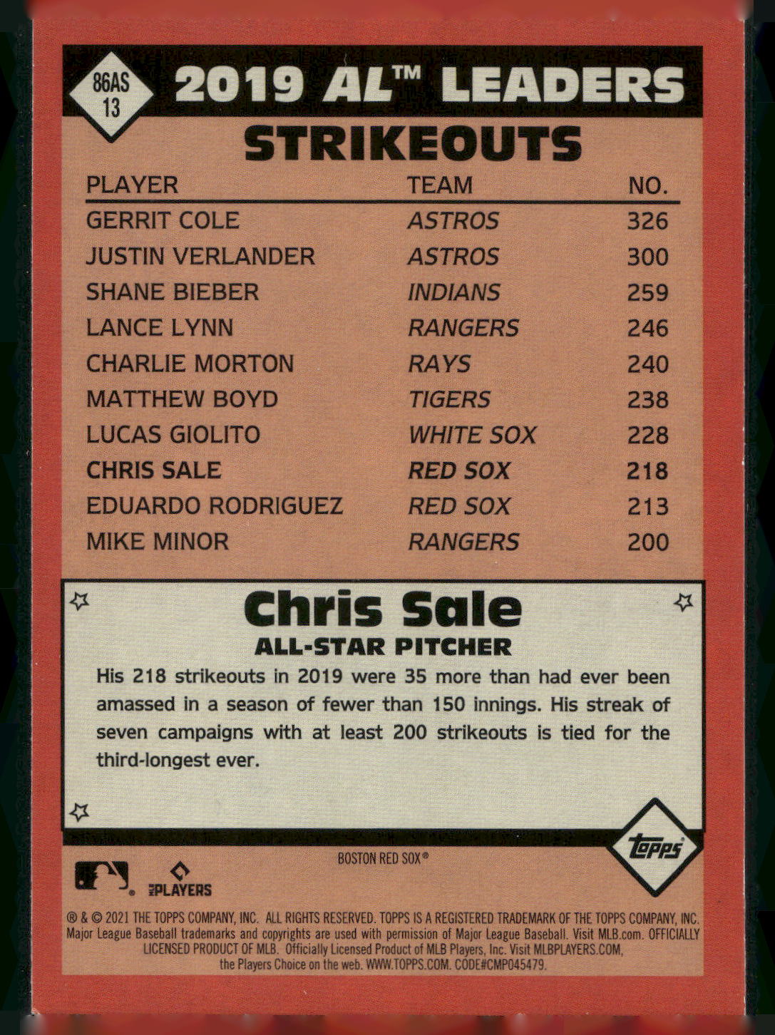 2021 Topps #86AS-13 Chris Sale 1986 Topps Baseball 35th Anniversary All-Stars