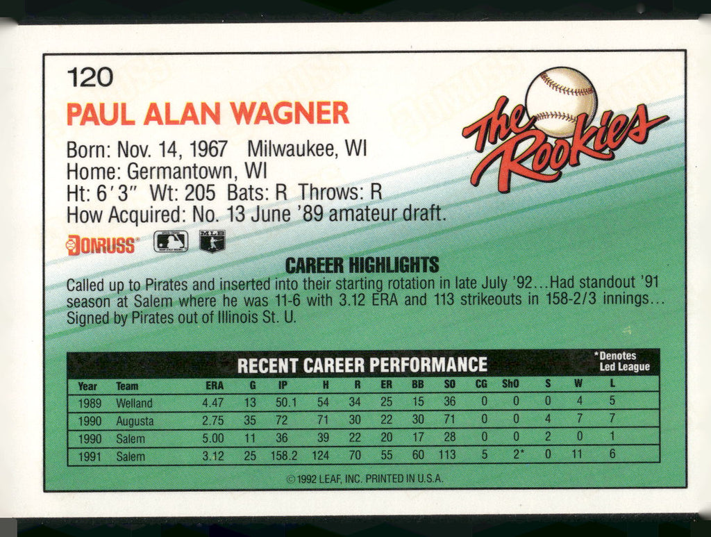 1992 Donruss The Rookies #120 Paul Wagner