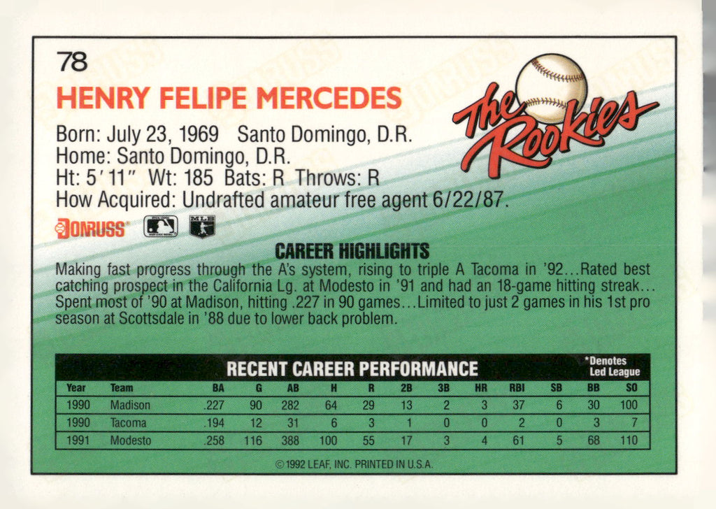 1992 Donruss The Rookies #78 Henry Mercedes