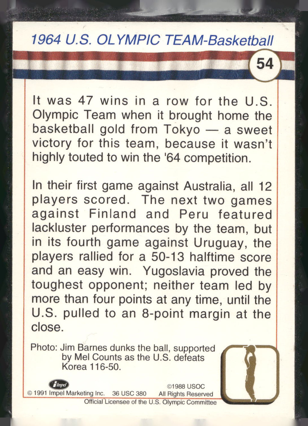 1991 Impel U.S. Olympic Hall of Fame #54 1964 U.S. Olympic Team