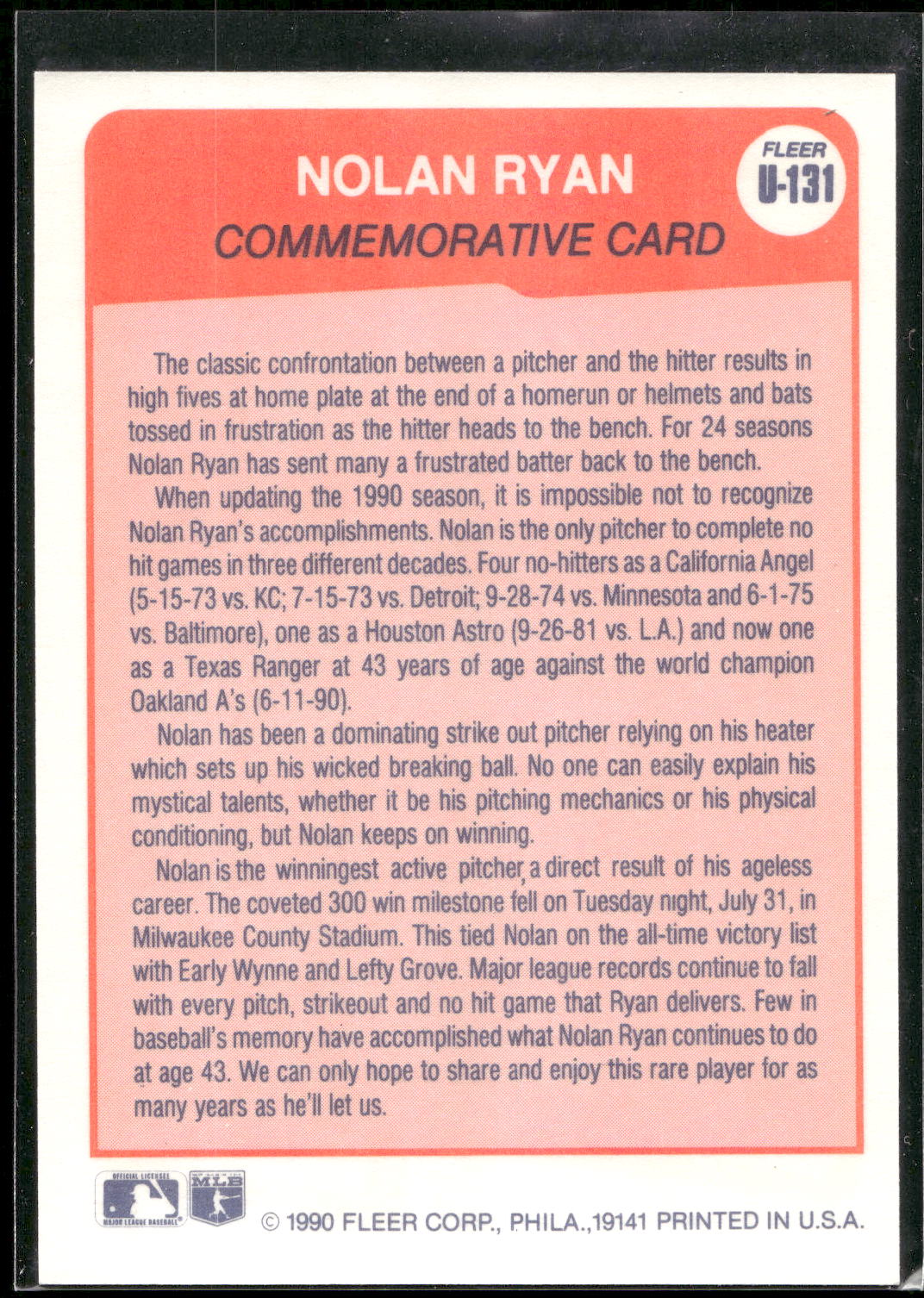 1990 Fleer Update #U-131 Nolan Ryan