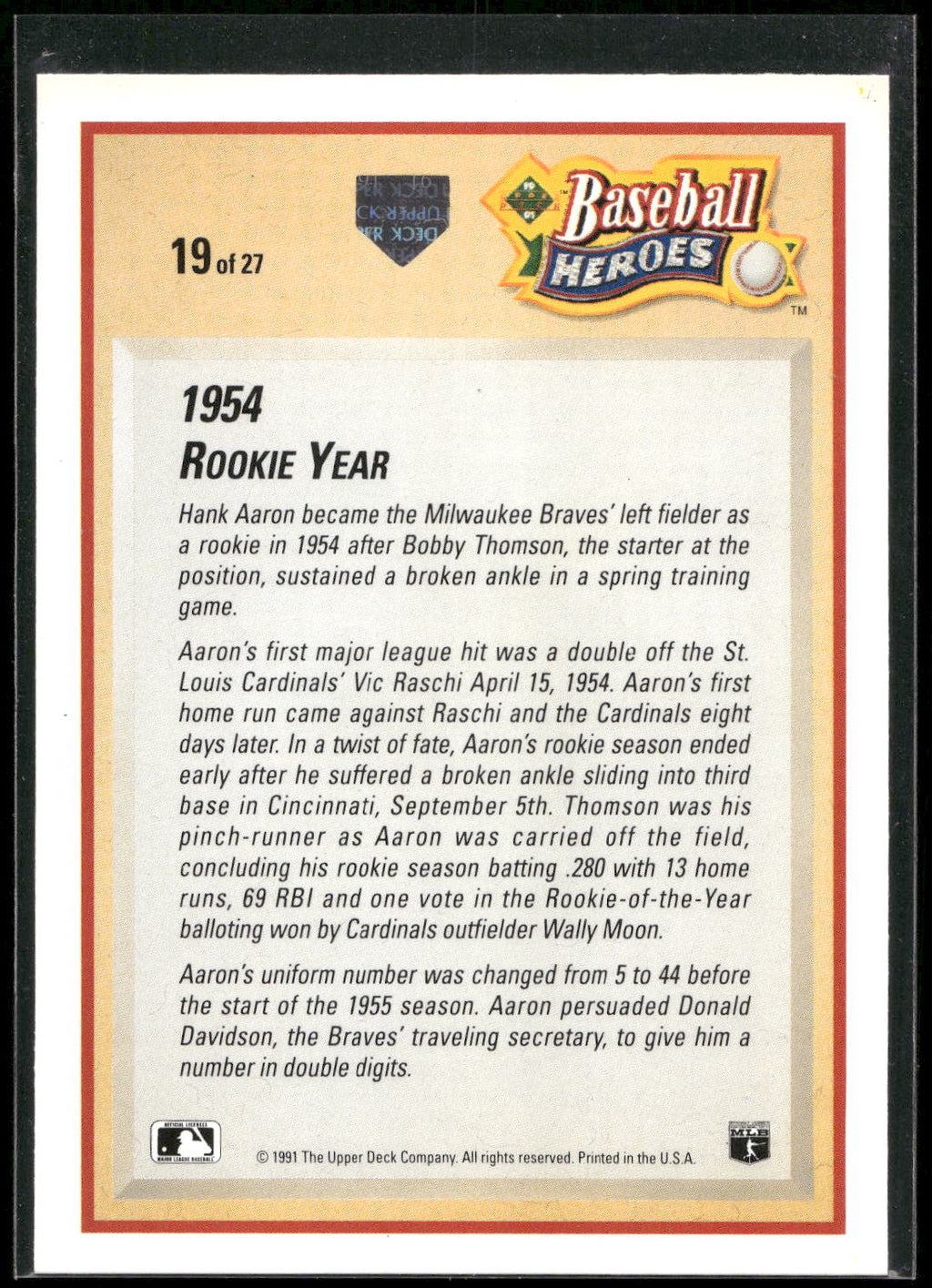 1991 Upper Deck #19 Hank Aaron Baseball Heroes: Hank Aaron