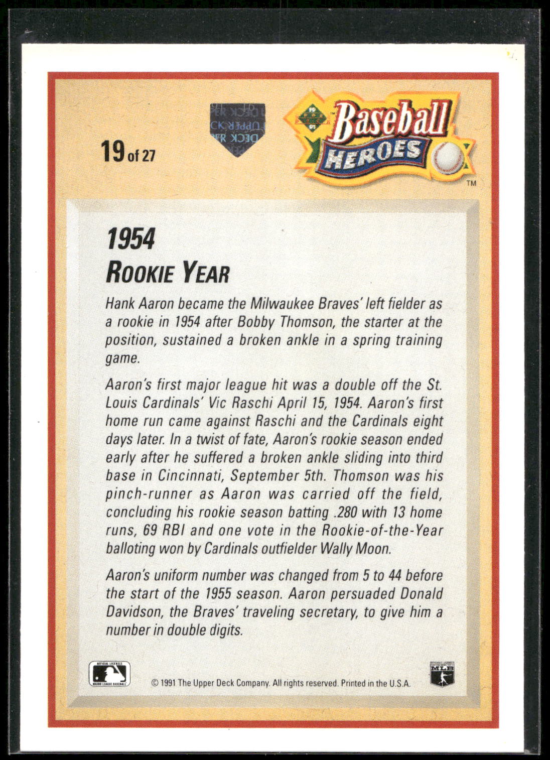 1991 Upper Deck #19 Hank Aaron Baseball Heroes: Hank Aaron