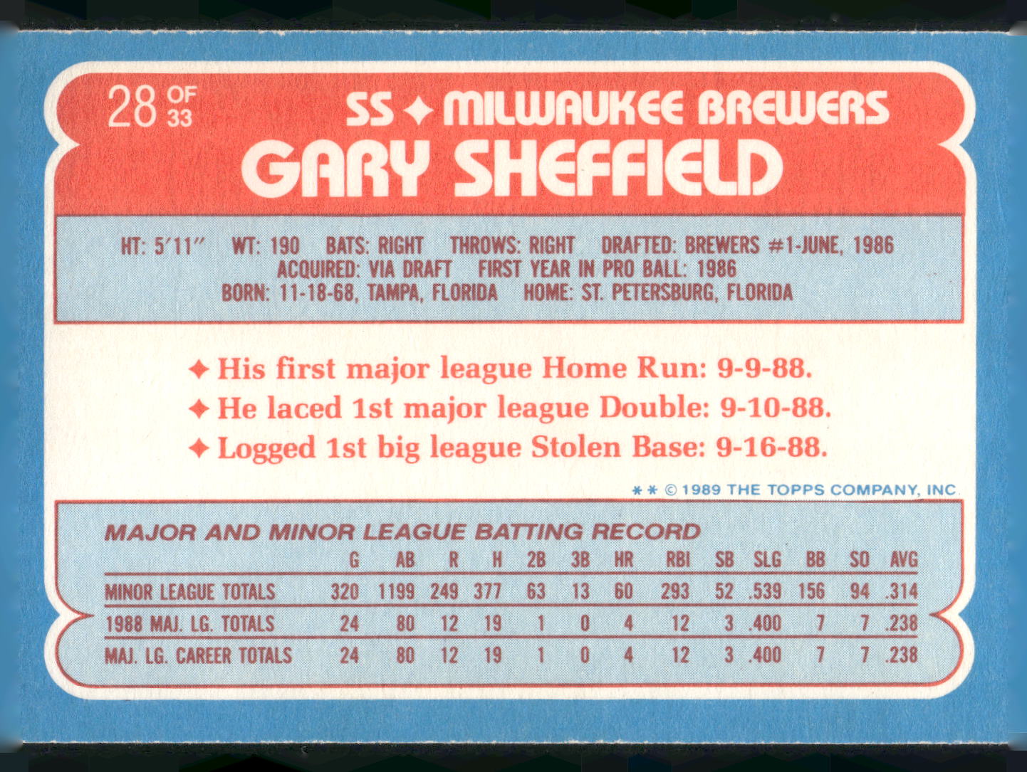 1989 Topps Toys "R" Us Rookies #28 Gary Sheffield