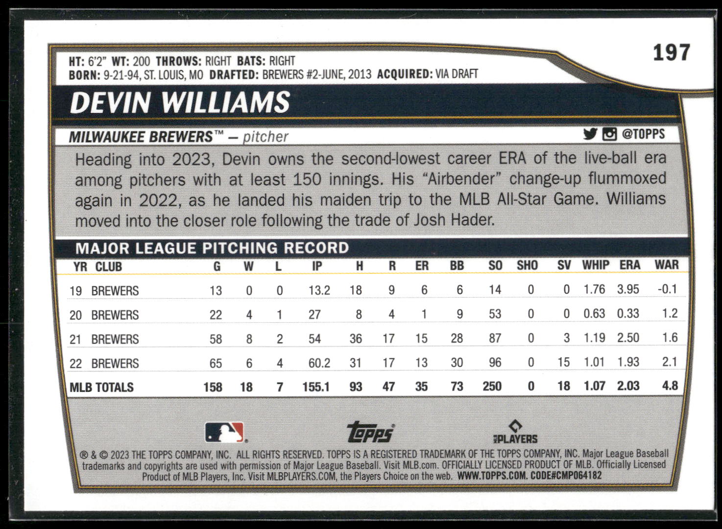 2023 Topps Big League #197 Devin Williams
