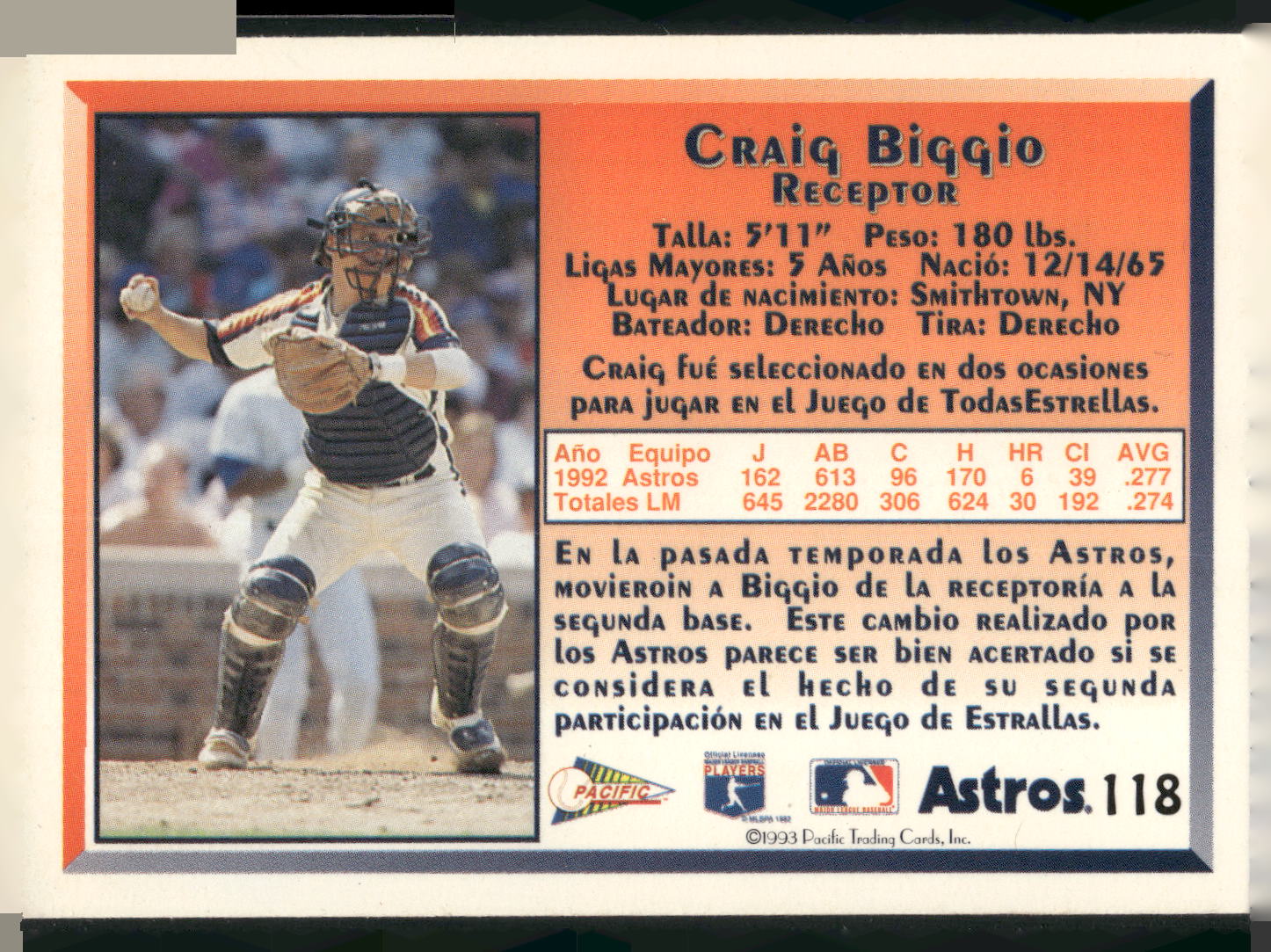 1993 Pacific Spanish #118 Craig Biggio