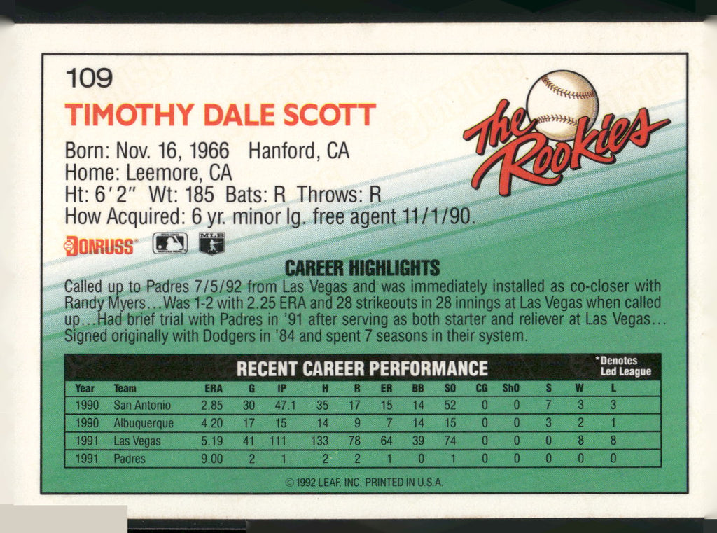 1992 Donruss The Rookies #109 Tim Scott