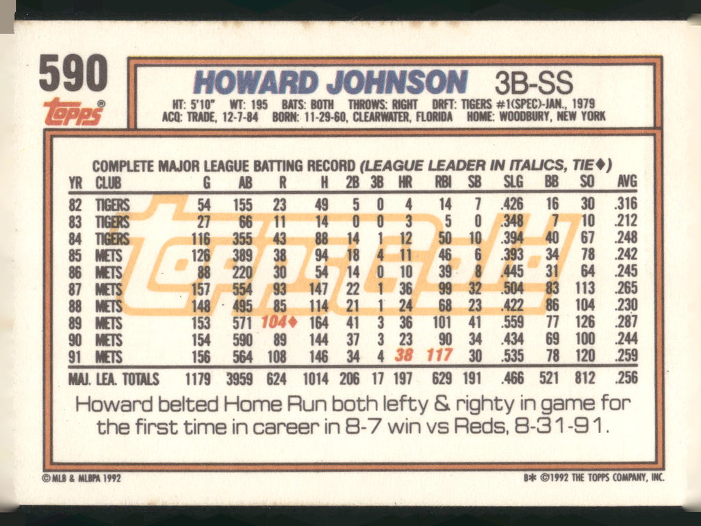 1992 Topps #590 Howard Johnson Gold