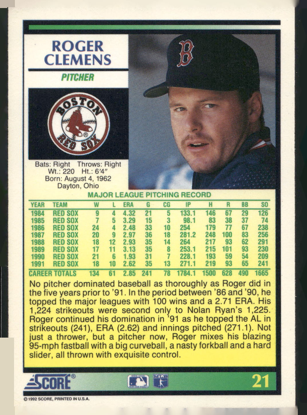 1992 Score #21 Roger Clemens