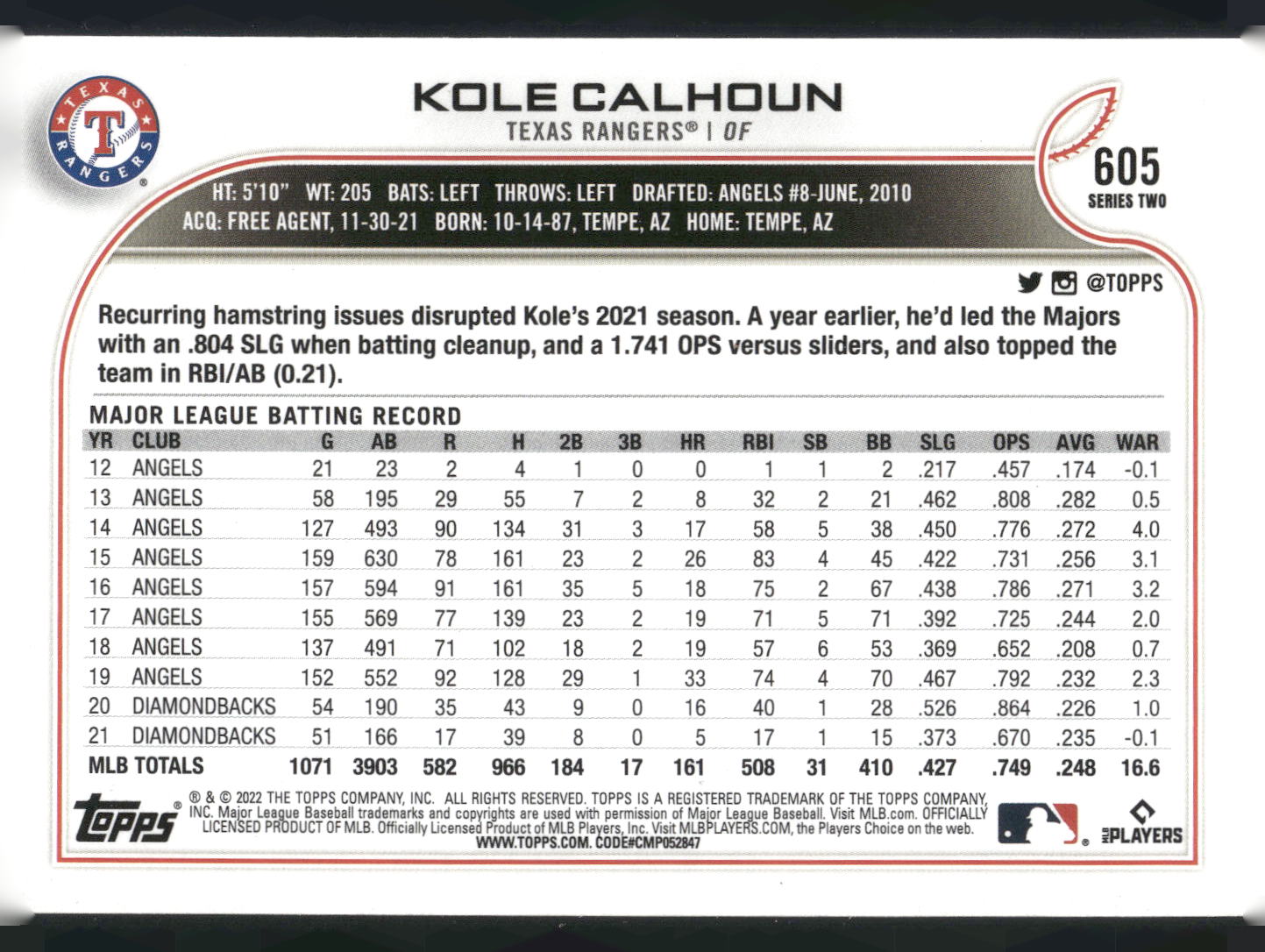 2022 Topps #605 Kole Calhoun