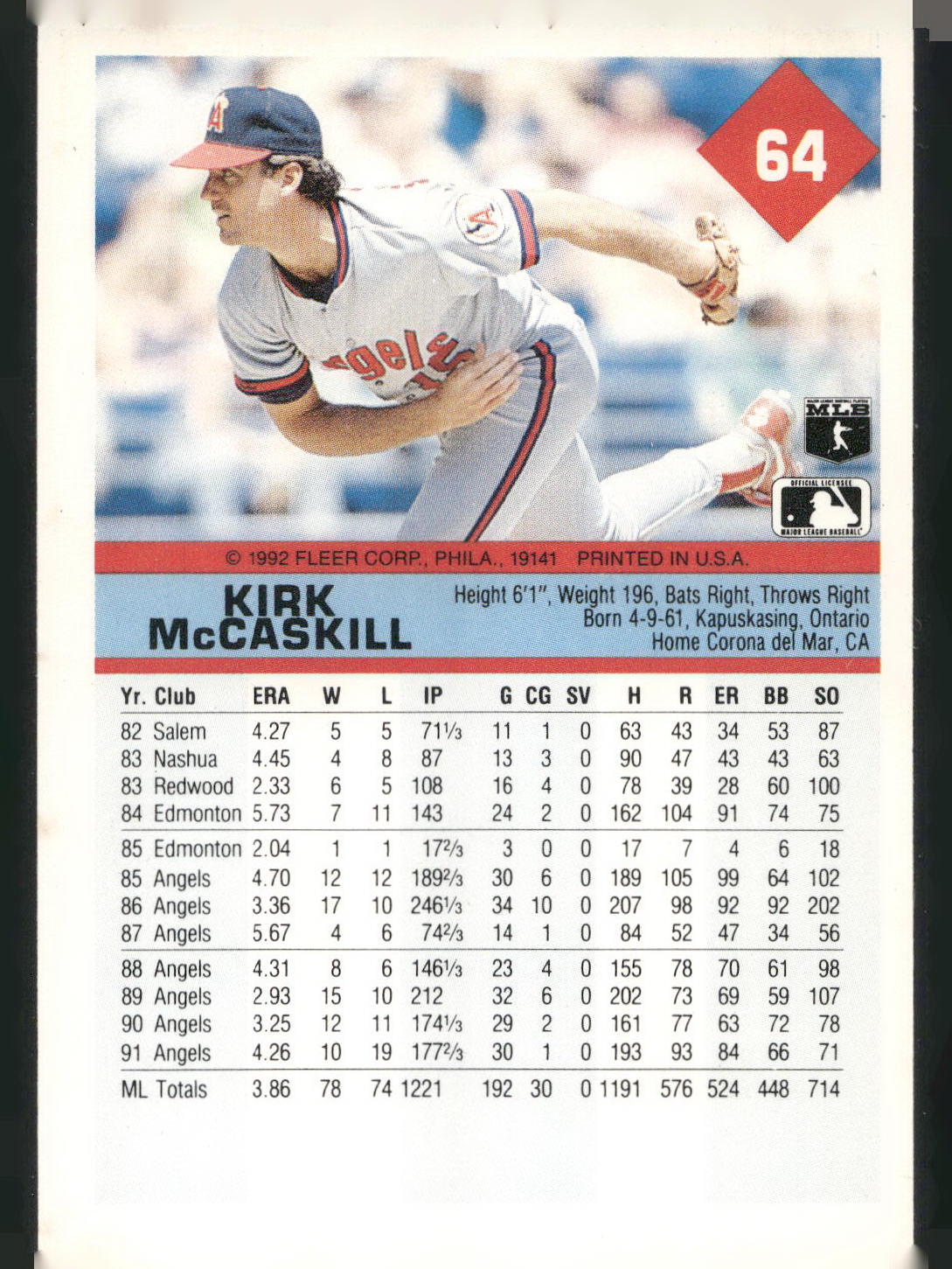 1992 Fleer #64 Kirk McCaskill
