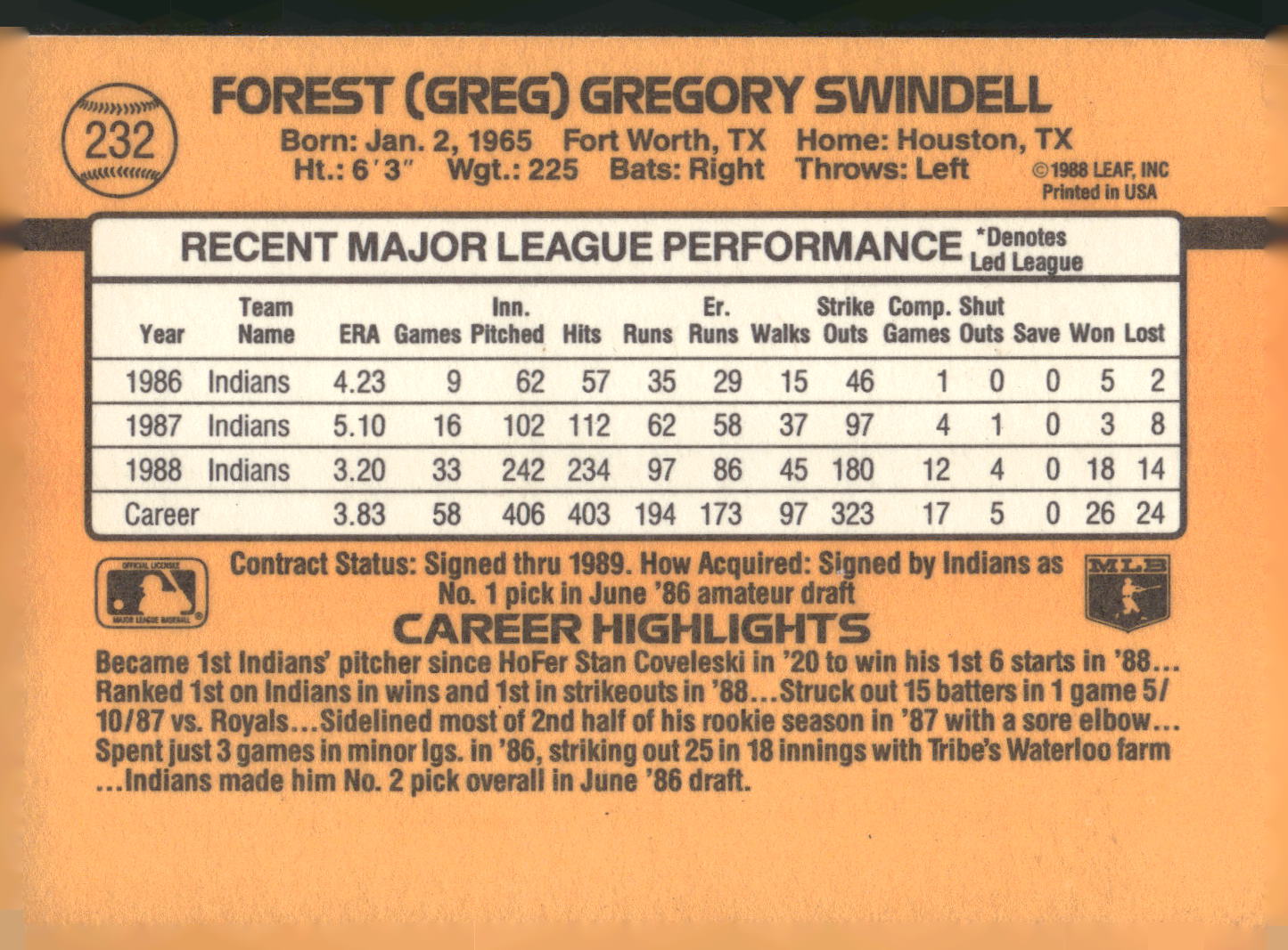 1989 Donruss #232 Greg Swindell