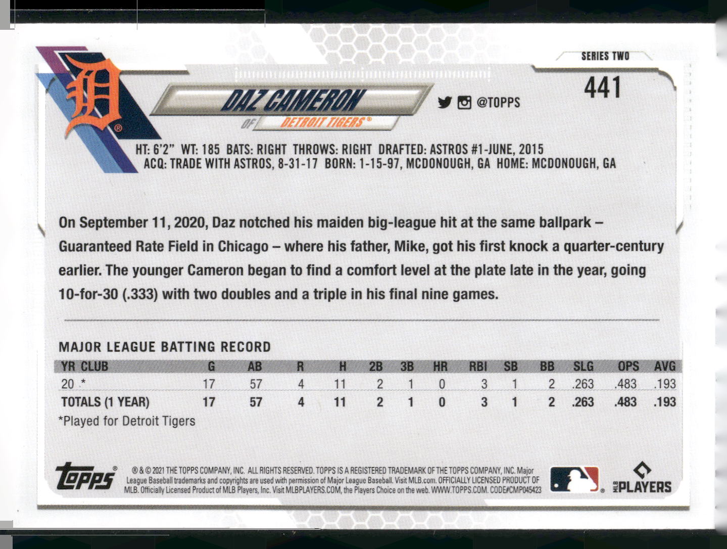 2021 Topps #441 Daz Cameron