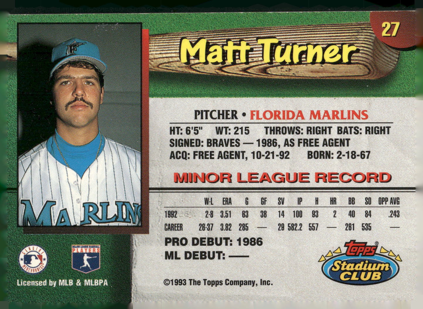 1993 Stadium Club Florida Marlins #27 Matt Turner