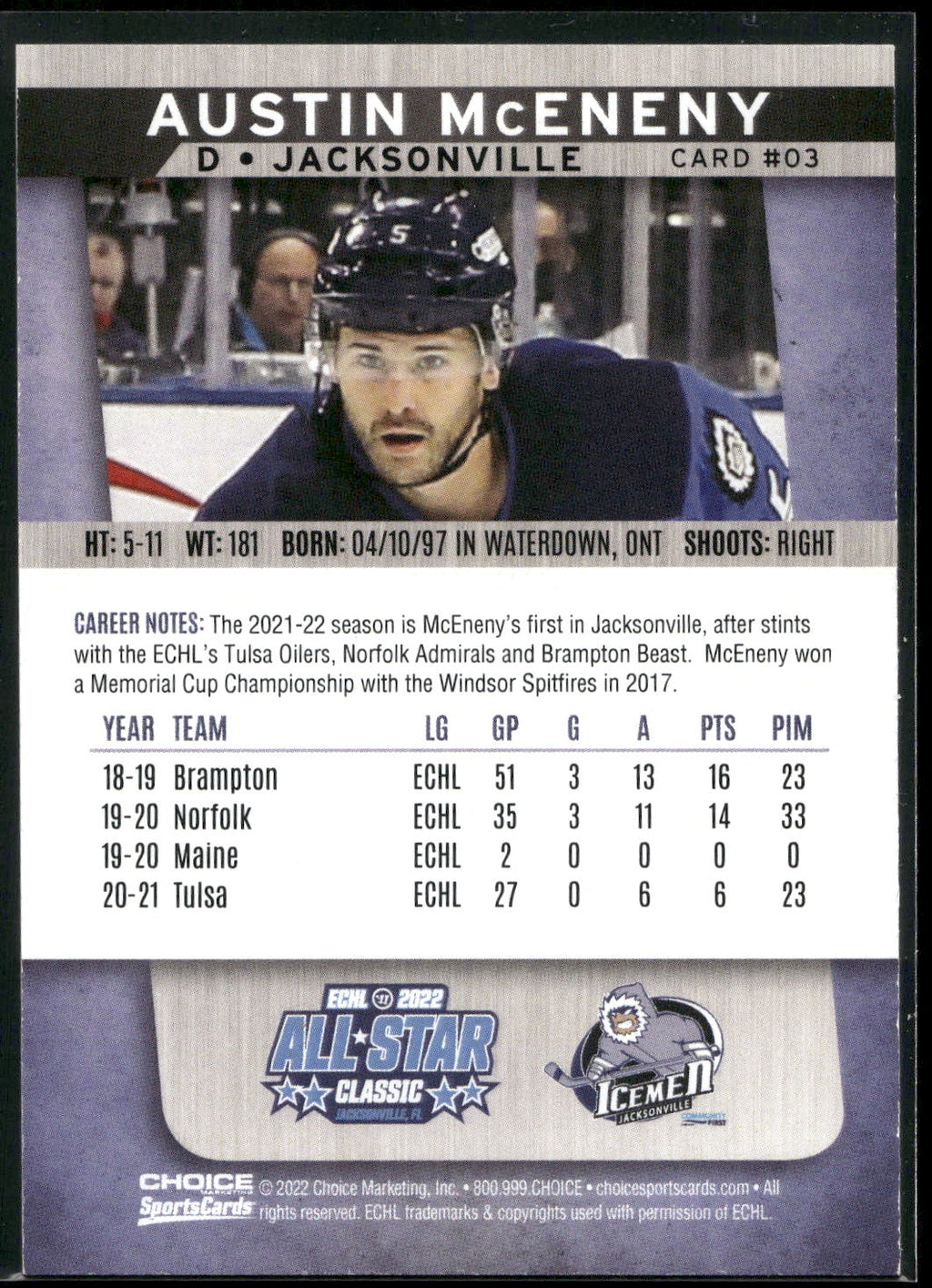 2021-22 Choice Jacksonville Icemen (ECHL) #3 Austin McEneny