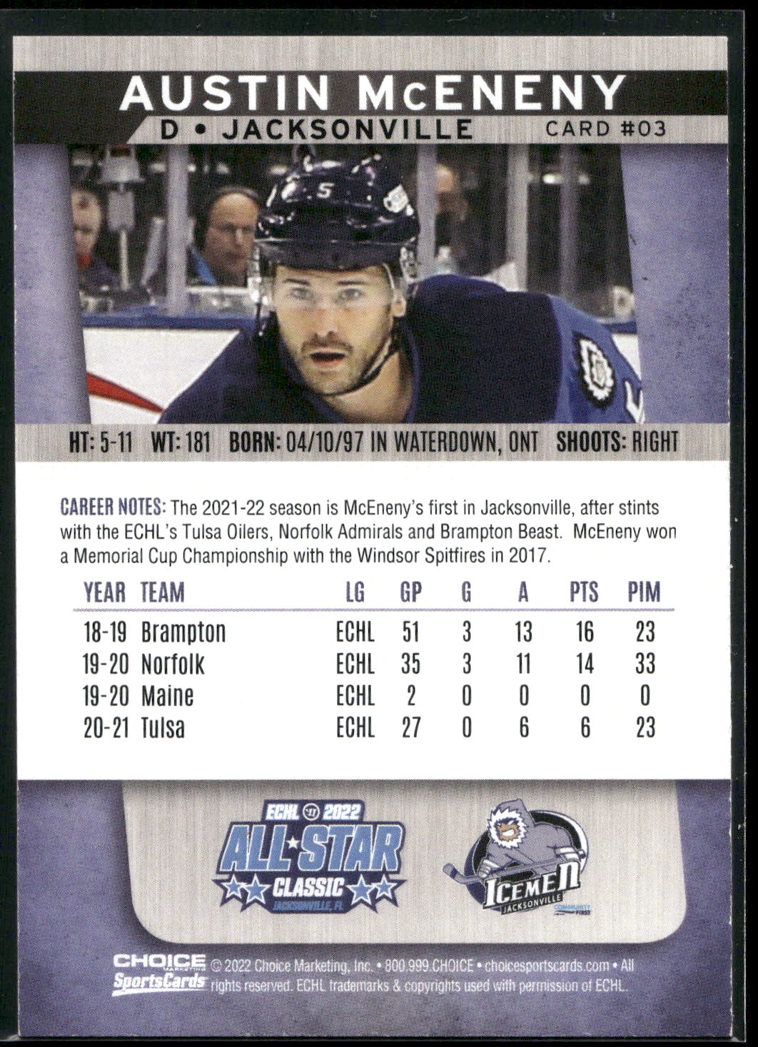 2021-22 Choice Jacksonville Icemen (ECHL) #3 Austin McEneny