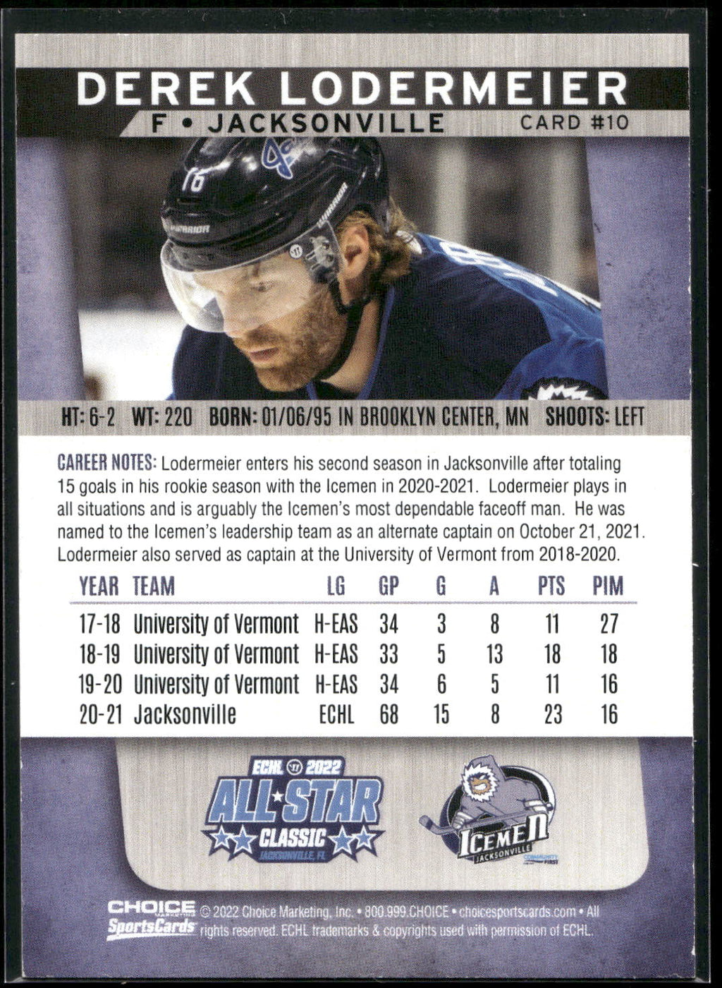 2021-22 Choice Jacksonville Icemen (ECHL) #10 Derek Lodermeier