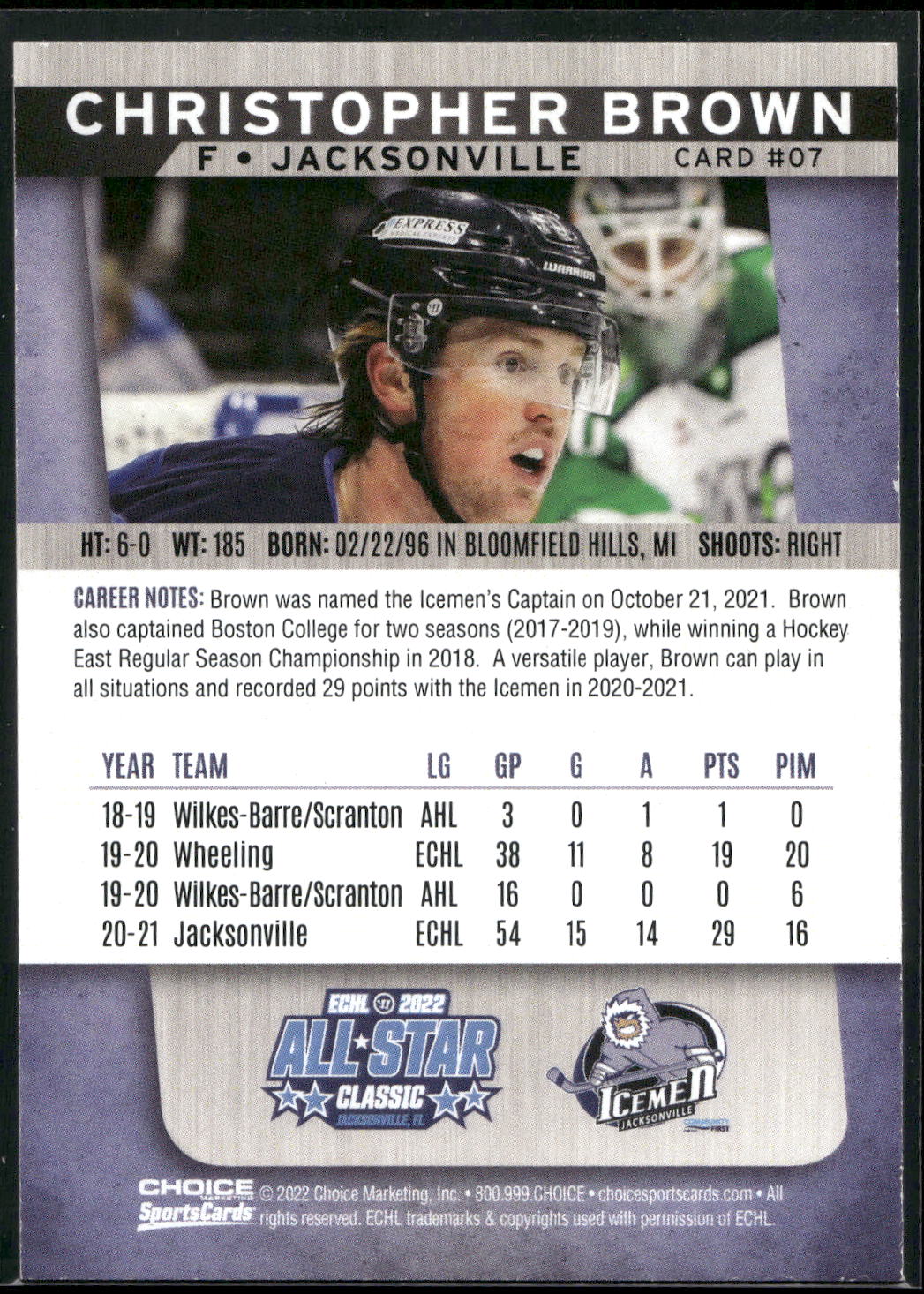 2021-22 Choice Jacksonville Icemen (ECHL) #7 Christopher Brown
