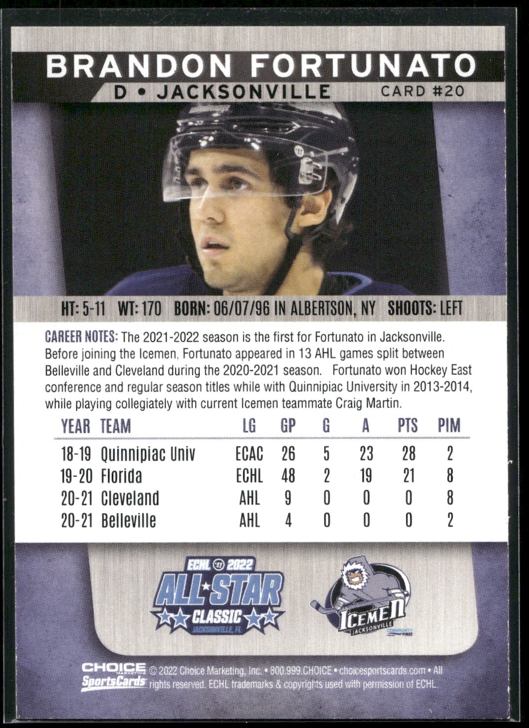 2021-22 Choice Jacksonville Icemen (ECHL) #20 Brandon Fortunato