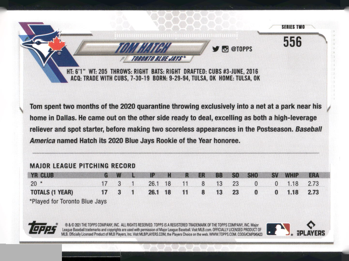 2021 Topps #556 Tom Hatch