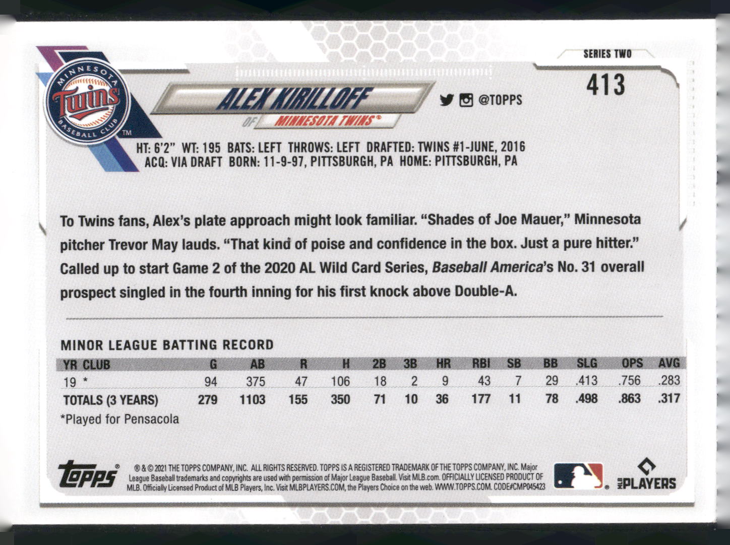 2021 Topps #413 Alex Kirilloff