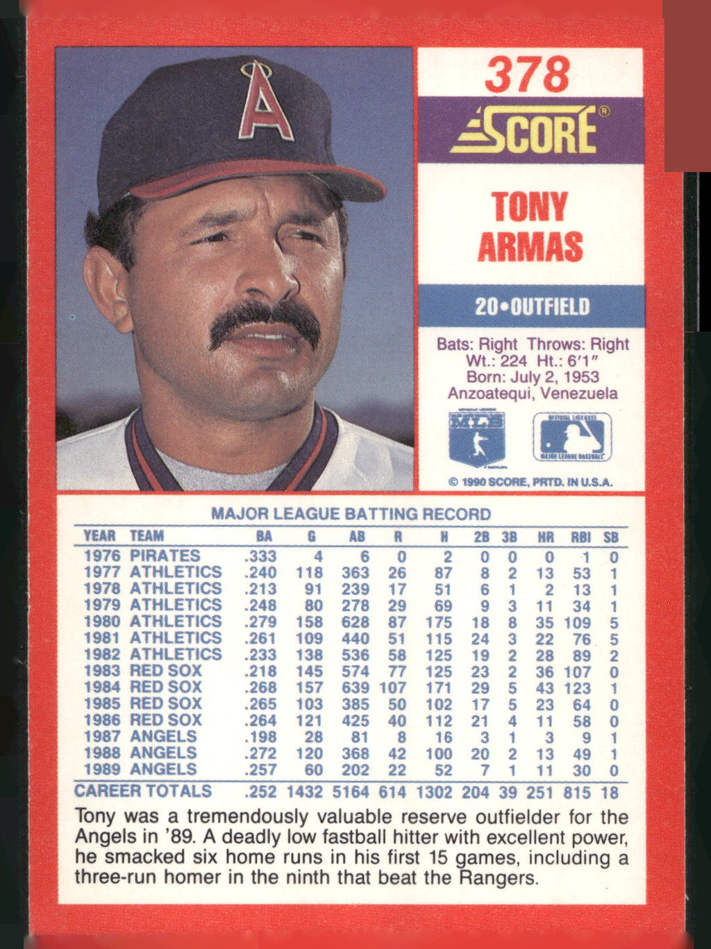 1990 Score #378 Tony Armas