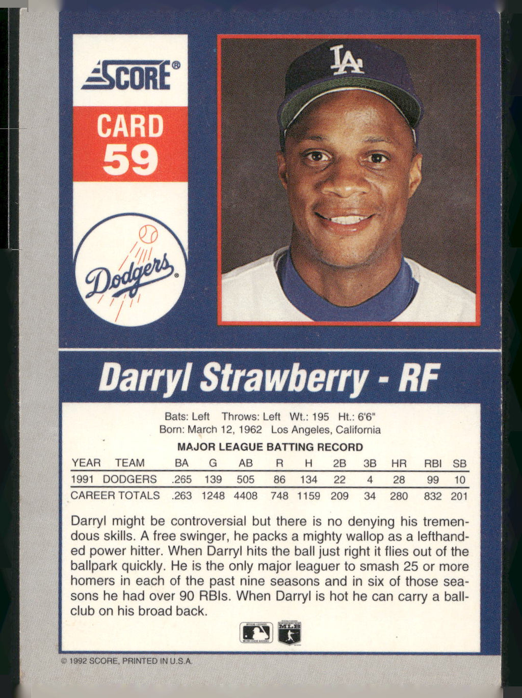 1992 Score #59 Darryl Strawberry 90's Impact Players