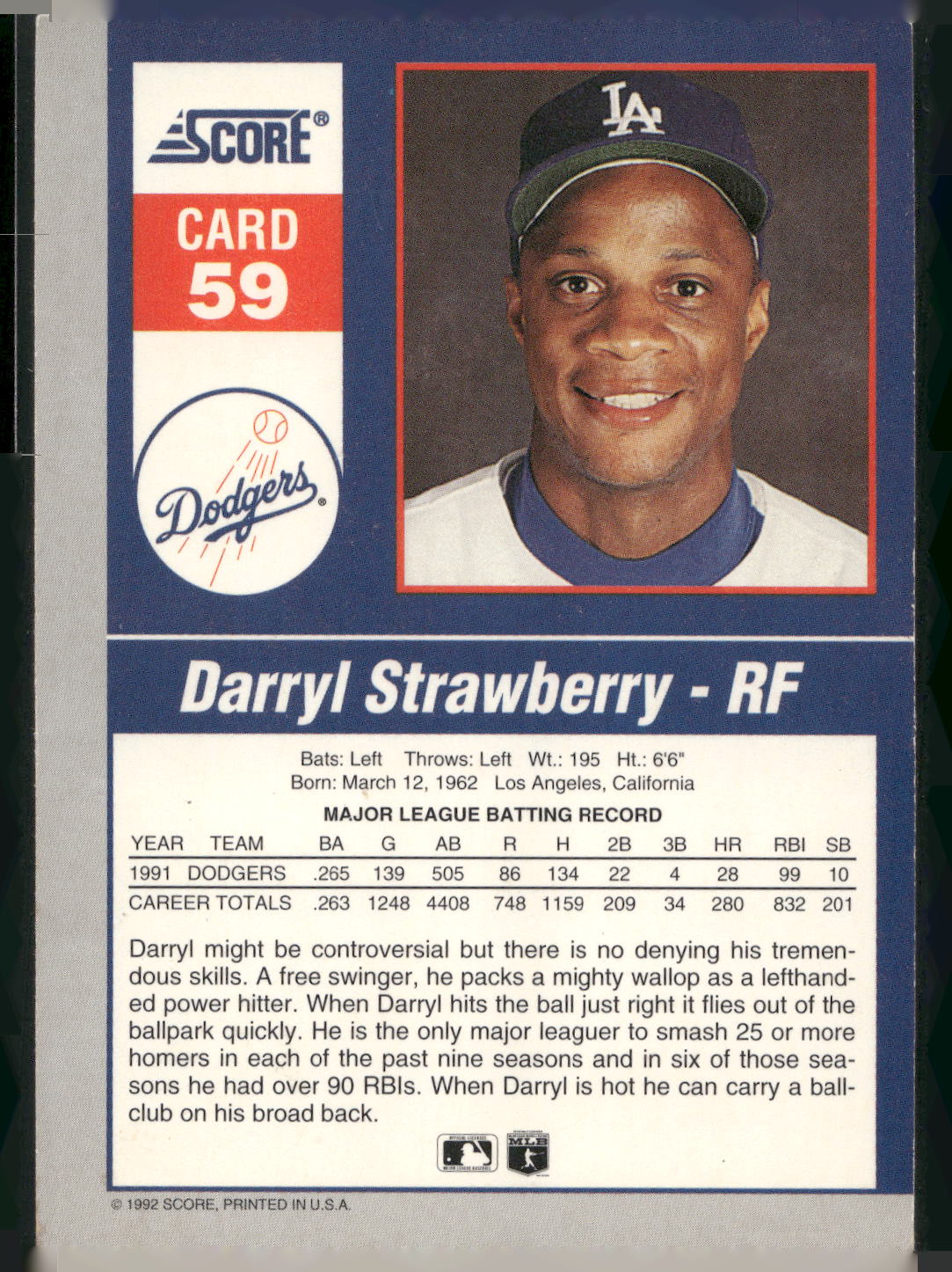 1992 Score #59 Darryl Strawberry 90's Impact Players