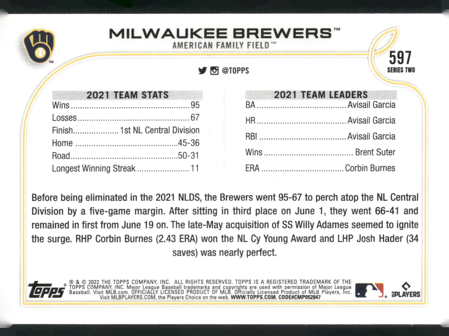 2022 Topps #597 Milwaukee Brewers