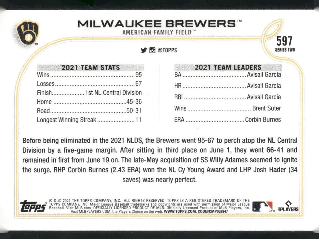 2022 Topps #597 Milwaukee Brewers