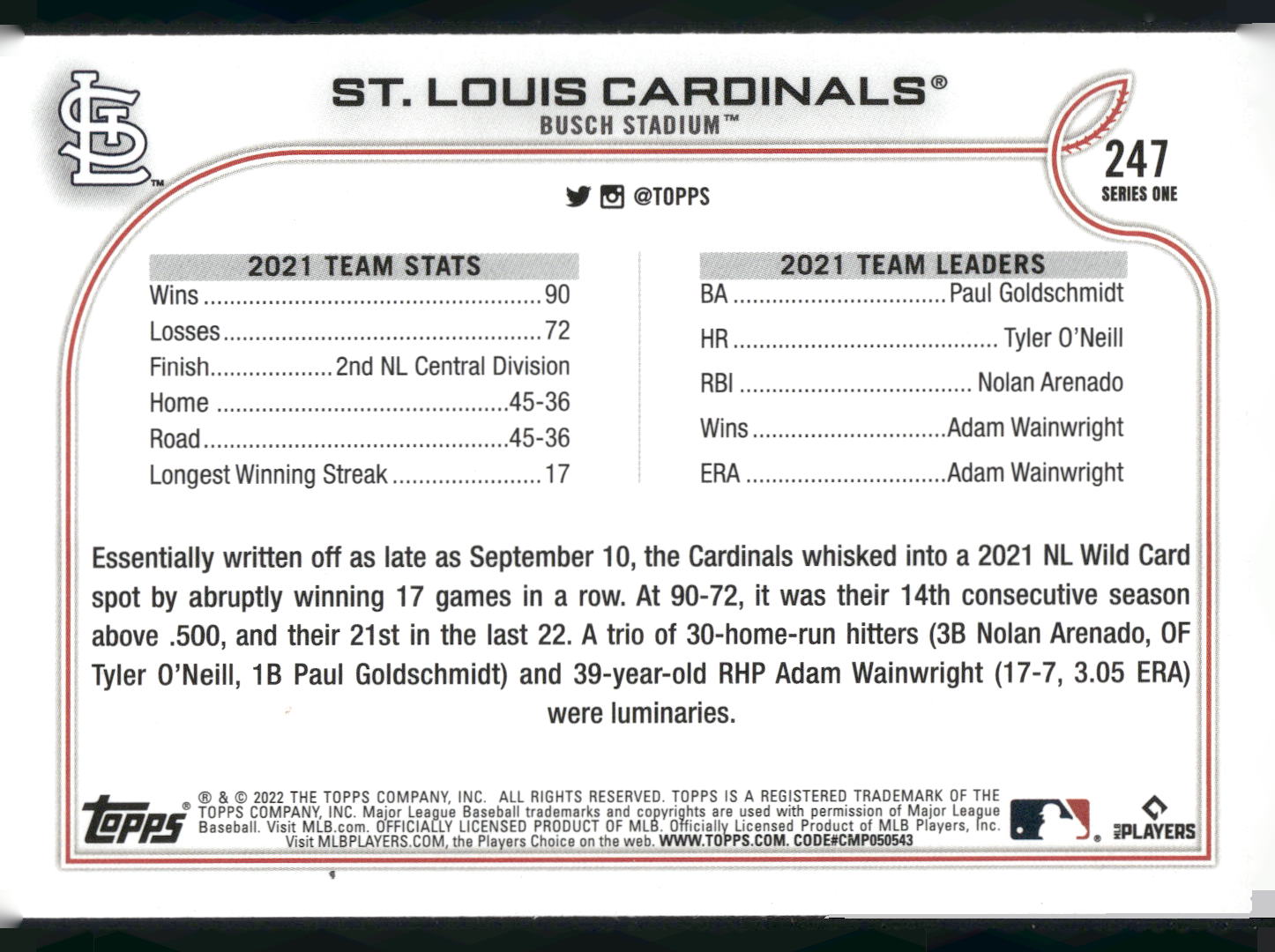 2022 Topps #247 St. Louis Cardinals