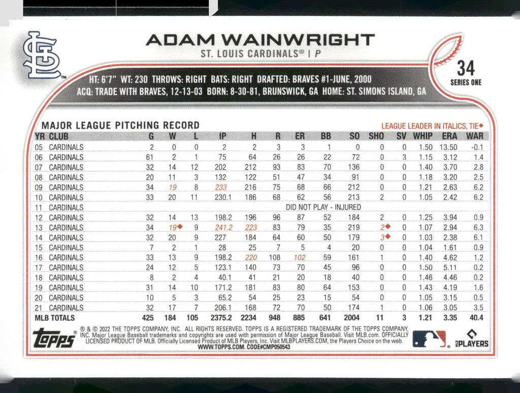 2022 Topps #34 Adam Wainwright
