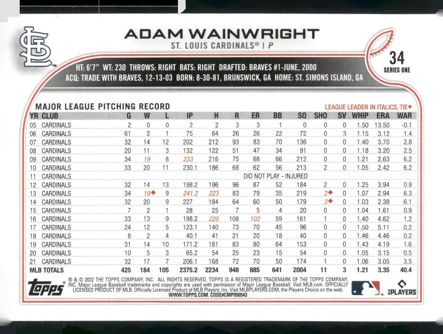 2022 Topps #34 Adam Wainwright