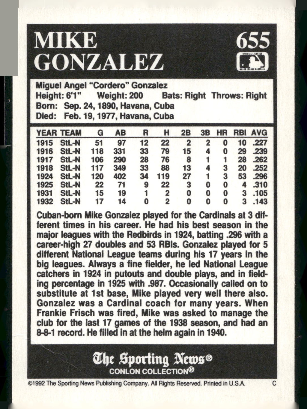 1992 Conlon Collection TSN #655 Mike Gonzalez
