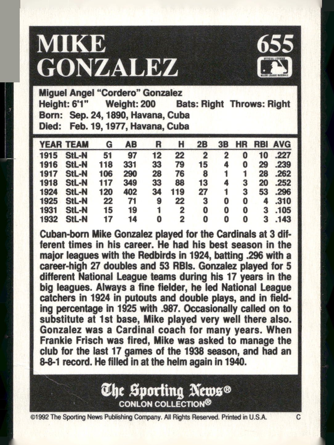 1992 Conlon Collection TSN #655 Mike Gonzalez