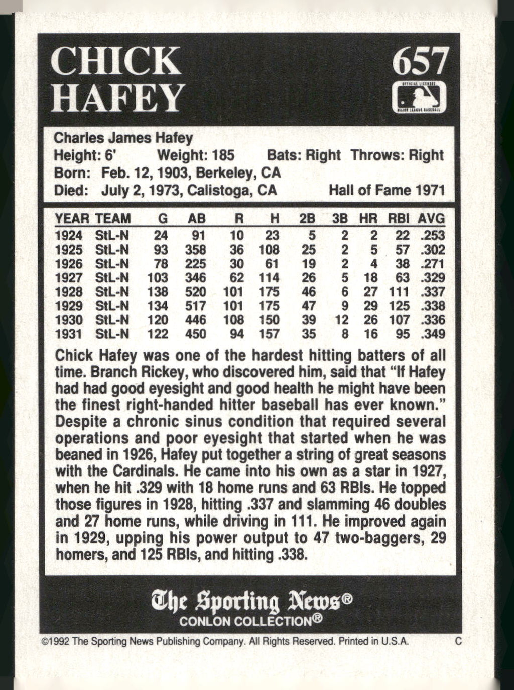 1992 Conlon Collection TSN #657 Chick Hafey