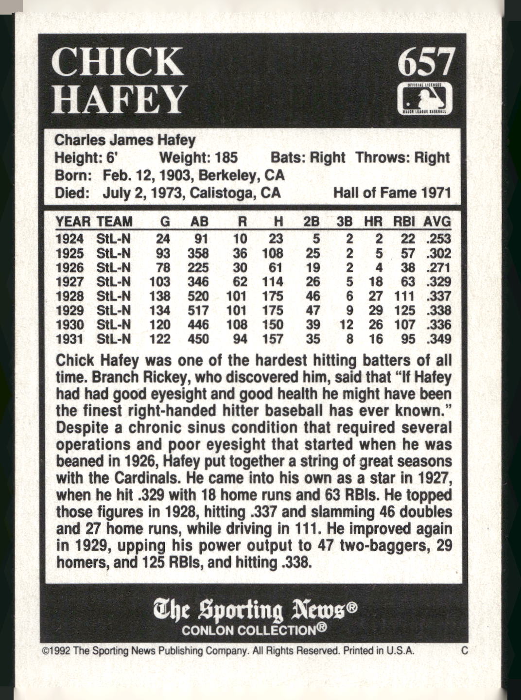 1992 Conlon Collection TSN #657 Chick Hafey