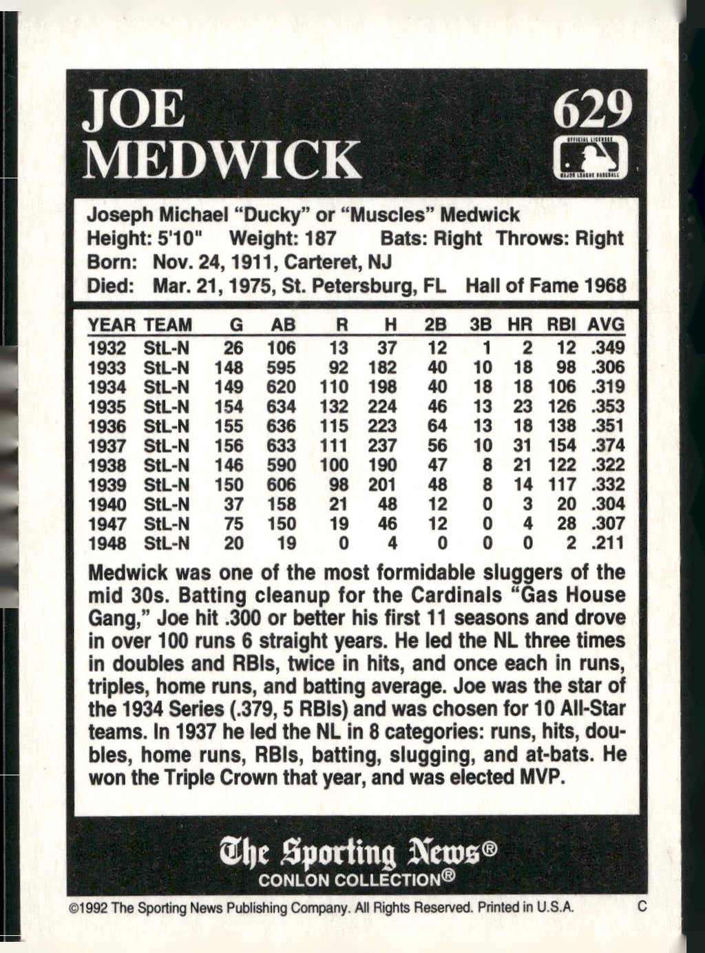 1992 Conlon Collection TSN #629 Joe Medwick