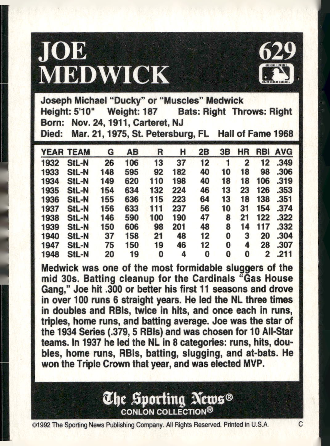 1992 Conlon Collection TSN #629 Joe Medwick