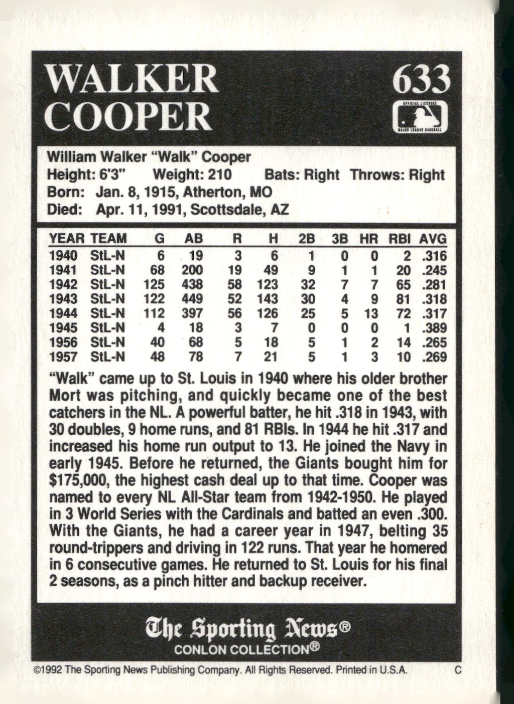 1992 Conlon Collection TSN #633 Walker Cooper