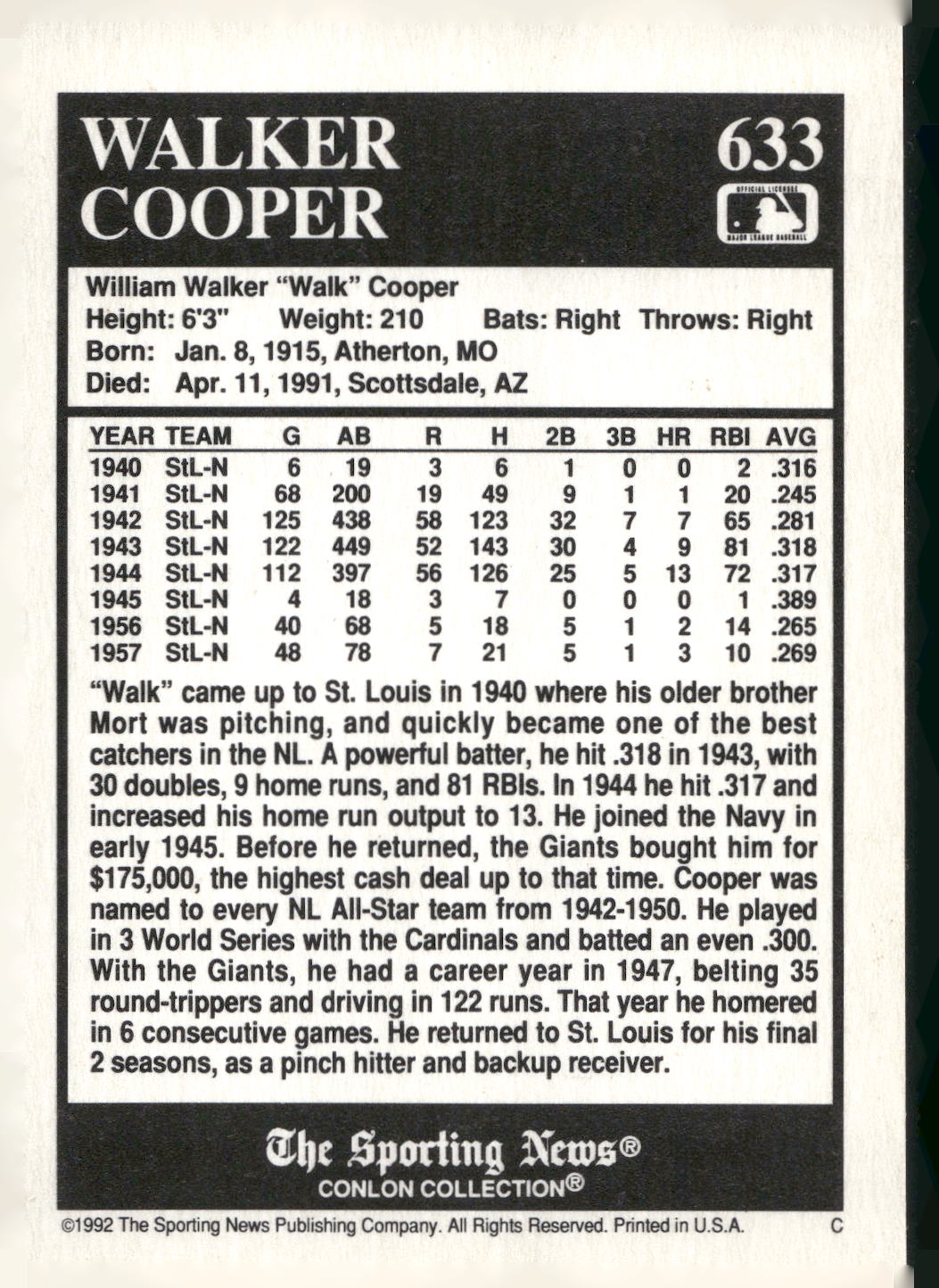 1992 Conlon Collection TSN #633 Walker Cooper
