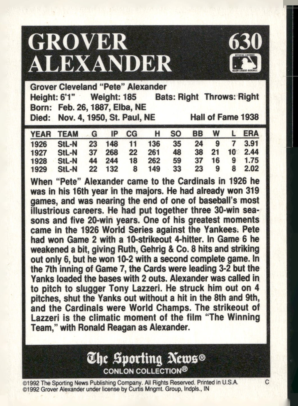 1992 Conlon Collection TSN #630 Grover Alexander
