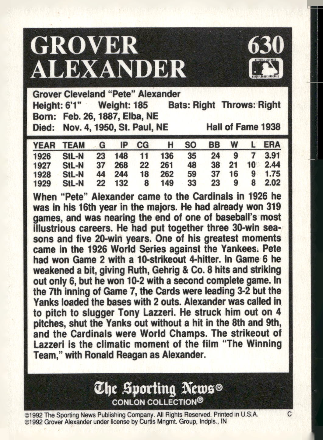 1992 Conlon Collection TSN #630 Grover Alexander