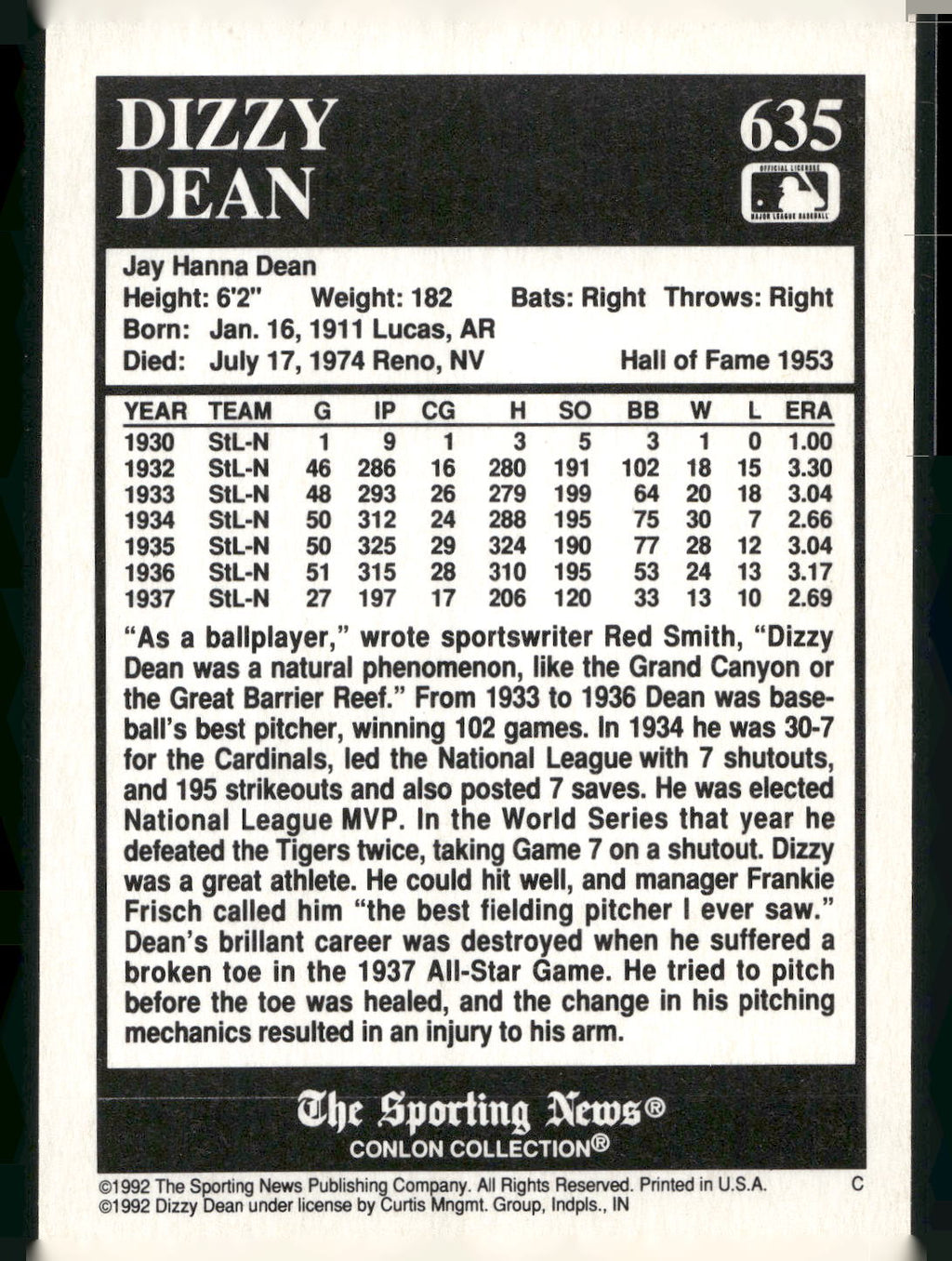 1992 Conlon Collection TSN #635 Dizzy Dean
