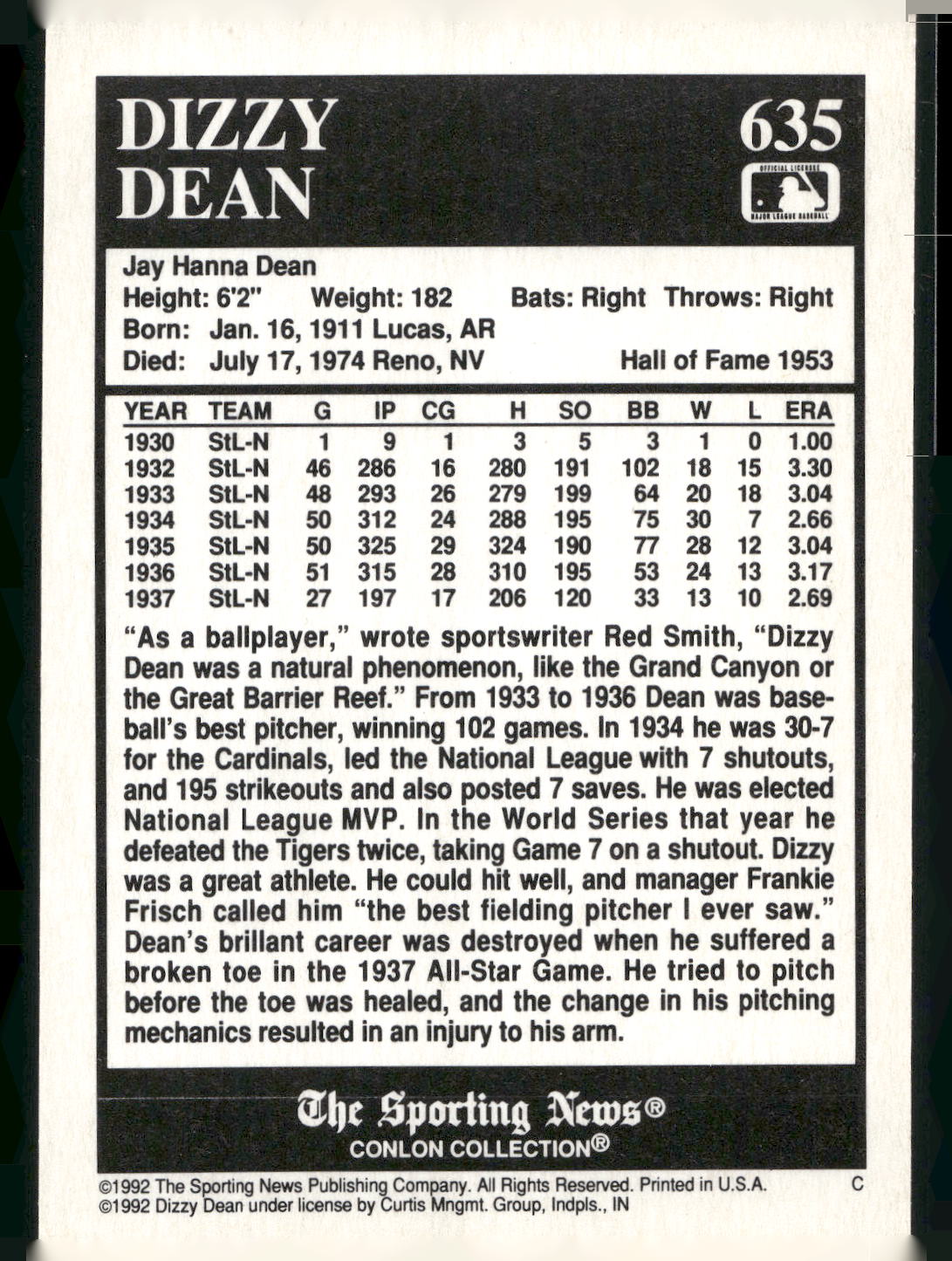 1992 Conlon Collection TSN #635 Dizzy Dean