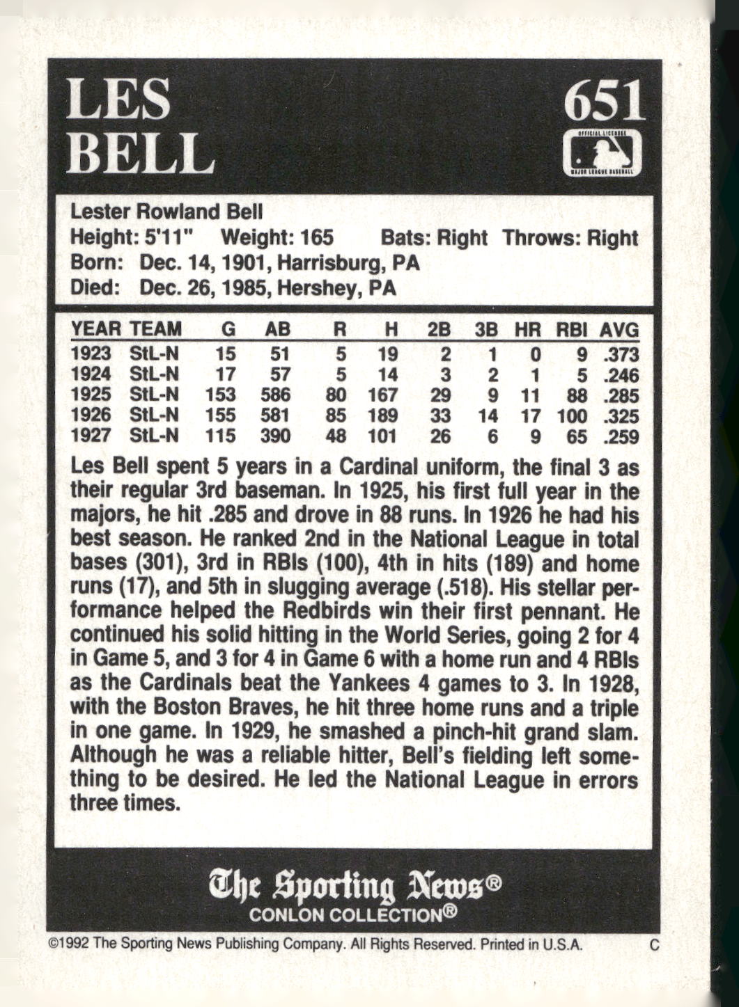 1992 Conlon Collection TSN #651 Les Bell