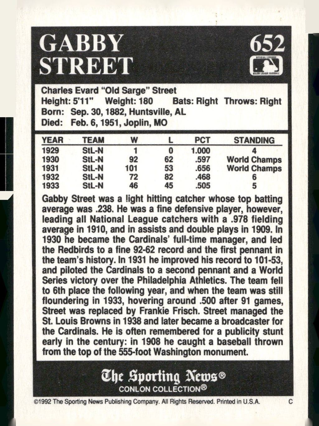 1992 Conlon Collection TSN #652 Gabby Street