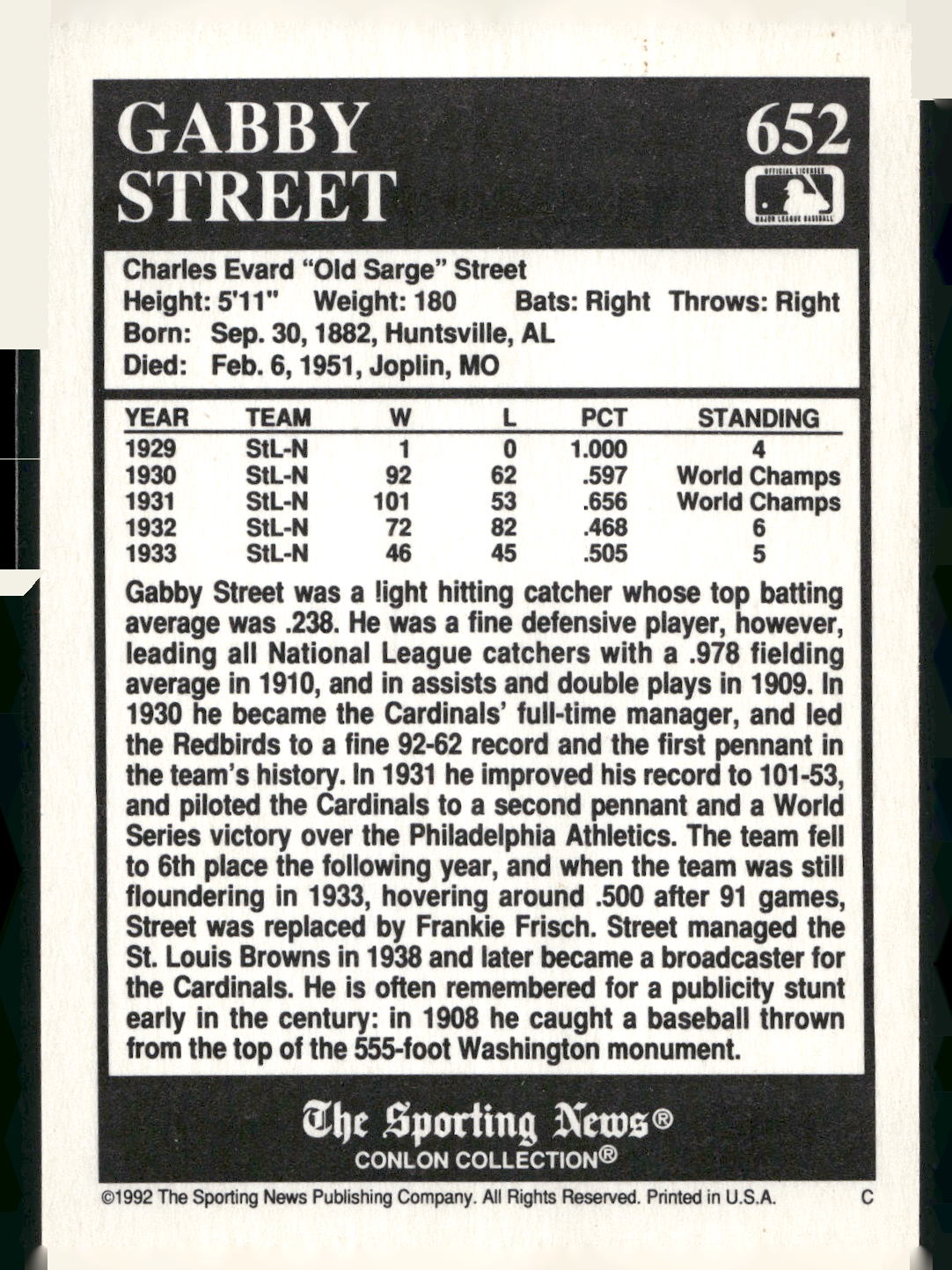 1992 Conlon Collection TSN #652 Gabby Street