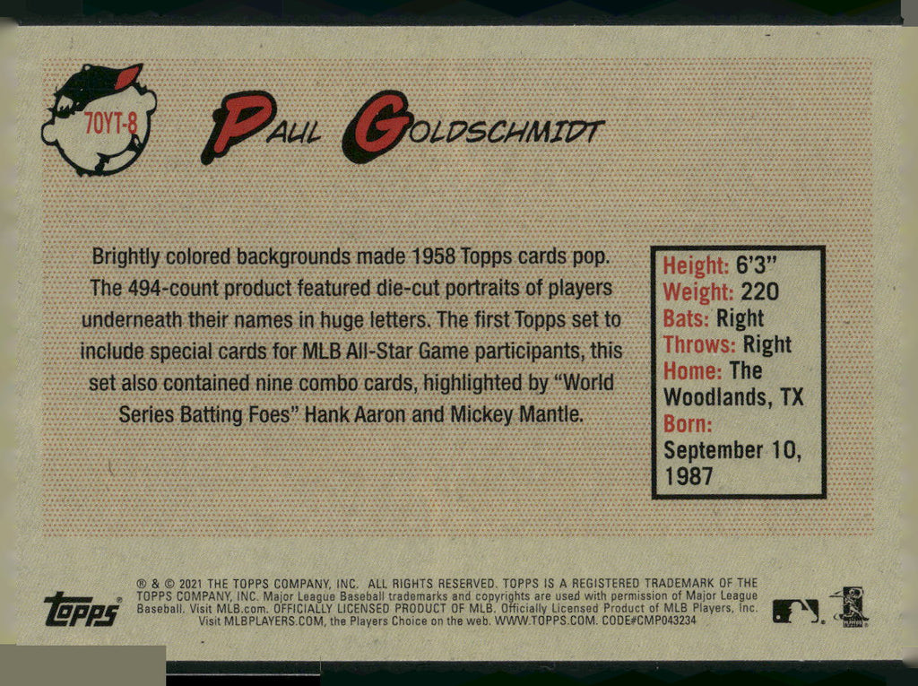 2021 Topps #70YT-8 Paul Goldschmidt 70 Years of Topps Baseball (Series 1)